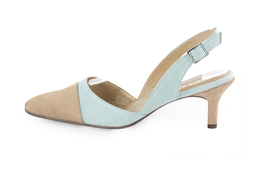 Sand beige and aquamarine blue elegant slingback heels. Tapered toe. Medium slim heel. - Florence KOOIJMAN